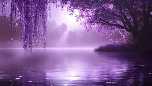 Lavender twilight lake with cascading blossom reflections.