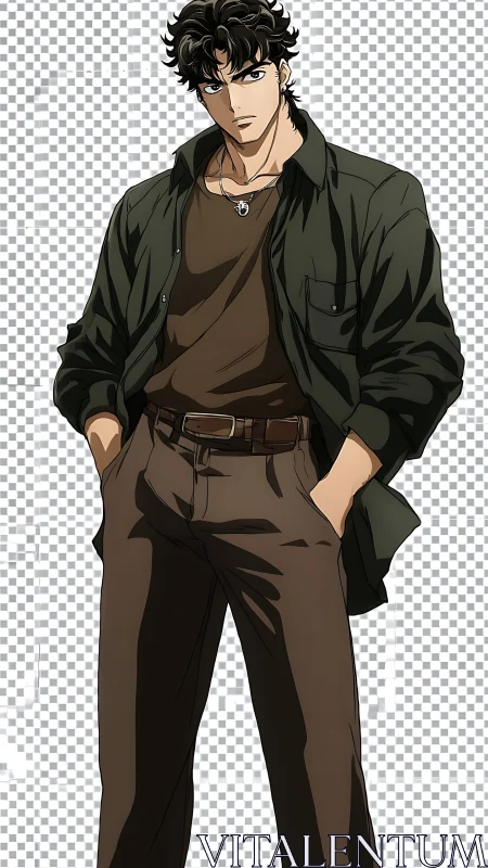 Male anime figure in casual brown and green clothing pose.
