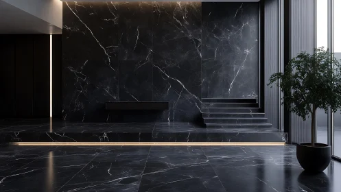 Minimalist lobby with black marble, linear lighting, glass walls.