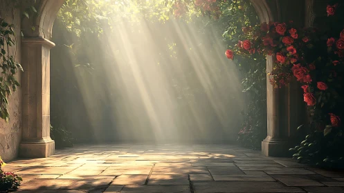 Sunlit rose arcade where quiet stone meets soft magic.