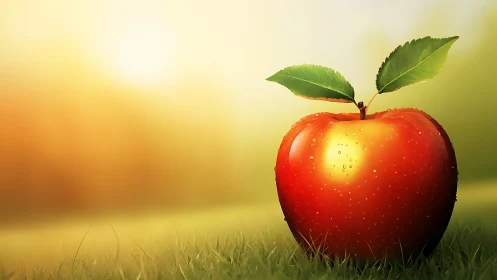 Specular-lit red apple macro with dew on grass field at dawn.
