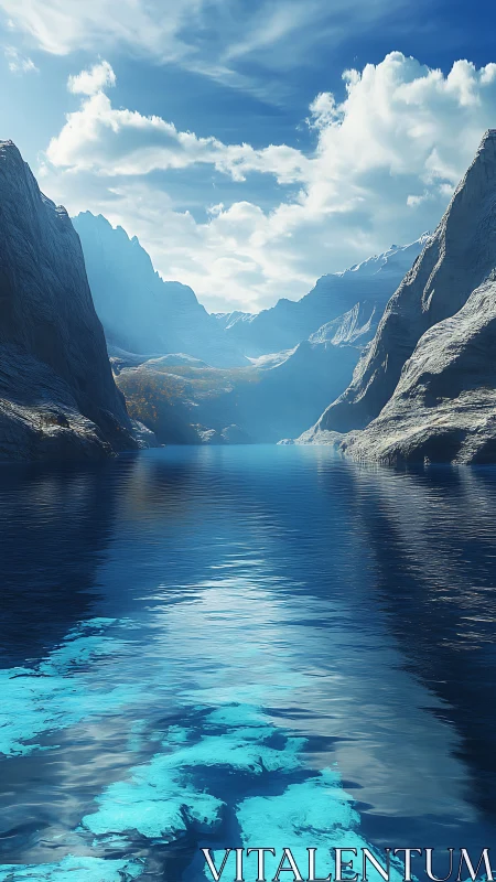 Glacier-brewed sapphire fjord dreaming under towering stone.