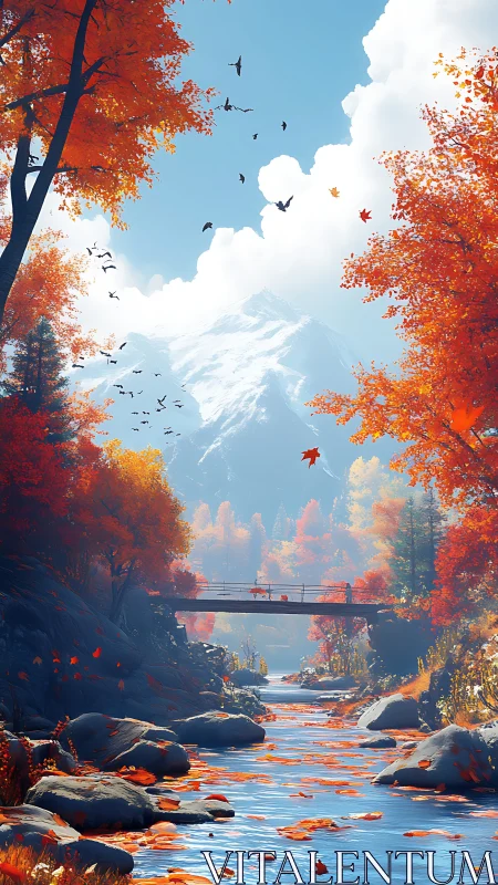 Autumn river corridor with snow peak, bridge and avian motion.