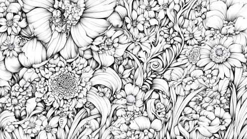 Intricate monochromatic floral composition densely layered with botanical forms