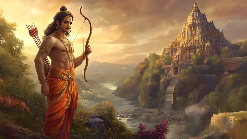 Bow-armed figure before river valley and stepped temple at dusk.