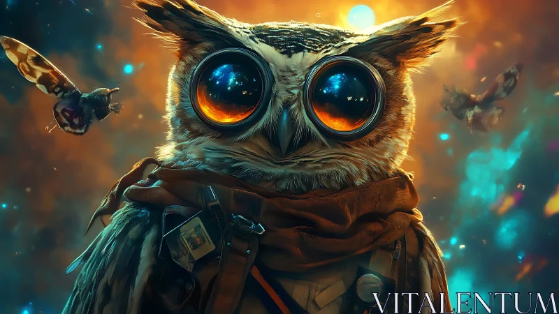 Steampunk Owl Portrait in Vibrant Fantasy Setting, Digital Art.