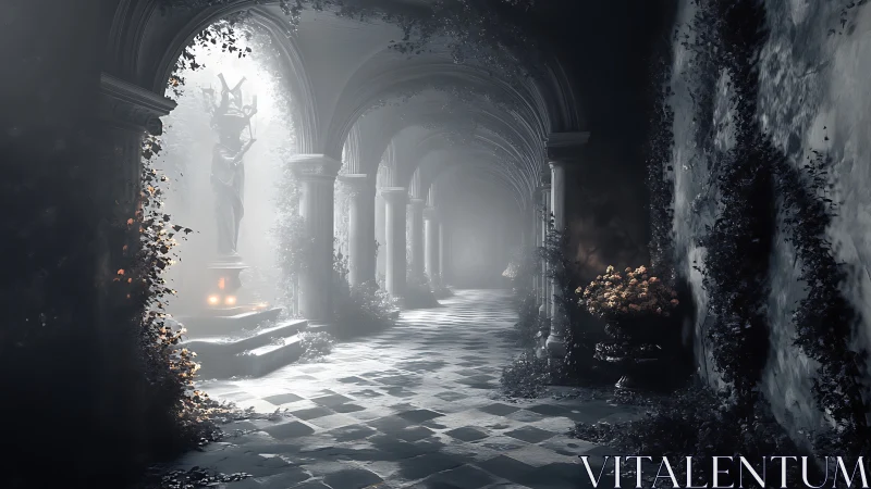 Moonlit ivy cloister where a silent goddess tends echoes.