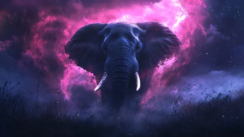 Cosmic elephant emerging through luminous nebula clouds.