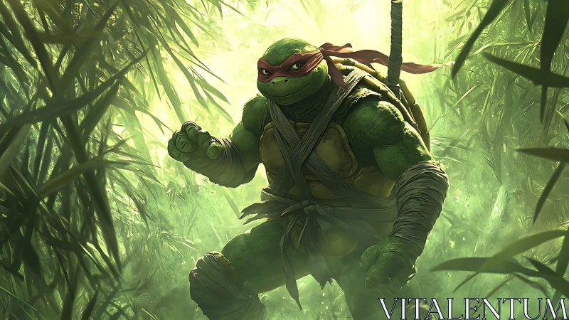 Armored turtle warrior strides through glowing bamboo jungle.