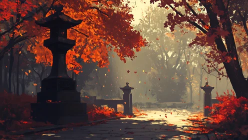 Autumn shrine pathway with stone lanterns in diffused backlight