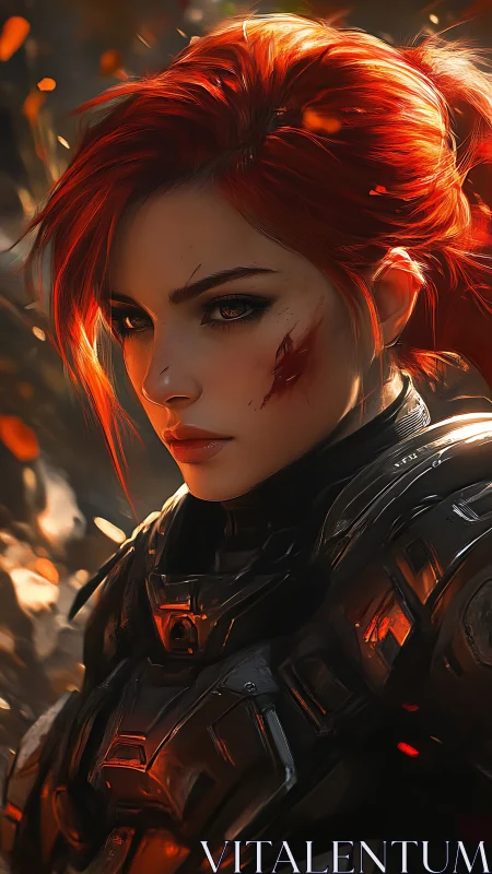 Fierce red haired sci fi warrior framed in glowing embers.