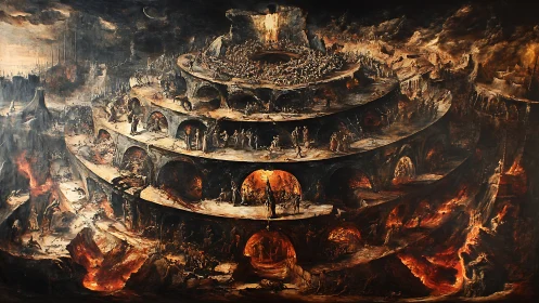 Tiered infernal architecture renders a panoramic descent into hell