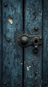 Weathered blue wooden door lock suggests age and secrecy