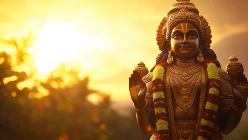 Sunrise crowns serene Hindu deity in marigold garlands