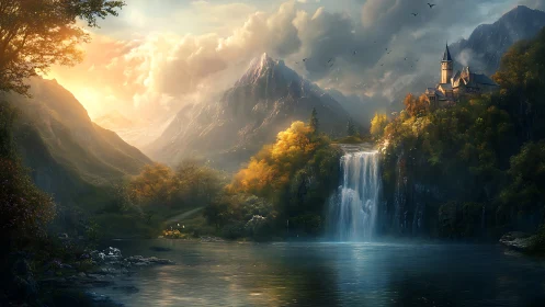 Sunlit mountain waterfall with cliffside castle sanctuary.