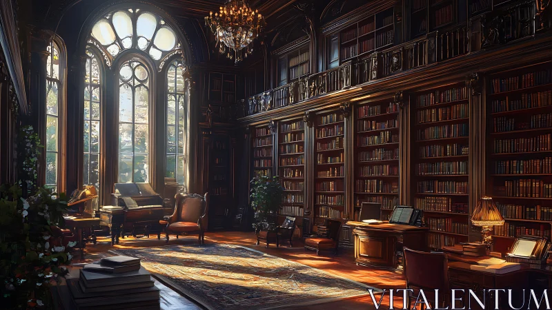Sunlit grand library where old books quietly orchestrate time.