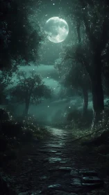 Moonlit forest path glowing with magical forest enchantment