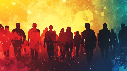 Silhouetted crowd walking across multicolor gradient field