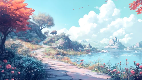 Sunlit lakeside path wandering into painted-cloud daydreams.