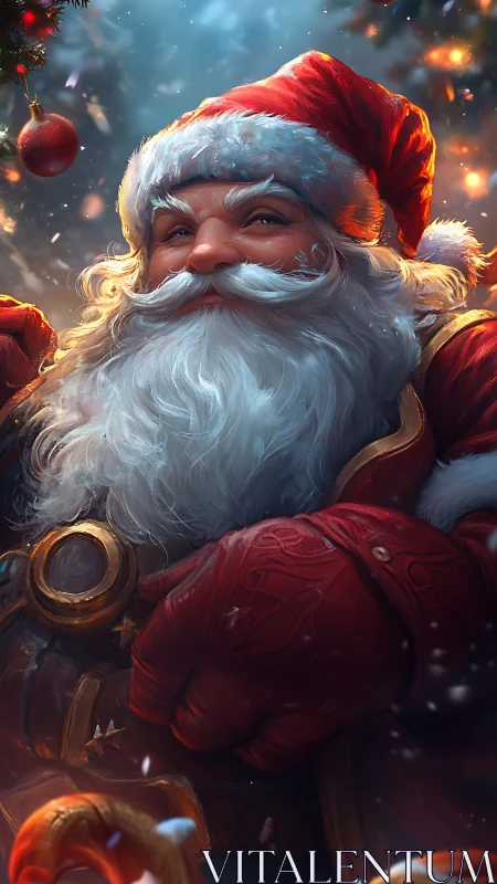 Warmhearted Santa portrait in glowing festive snowfall.