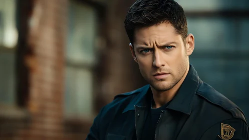 Steady gaze of a focused officer in a quiet brick-lined street