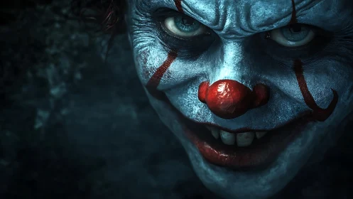 Sinister clown leans from the shadows with a chilling smile