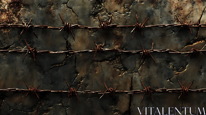 Rusted barbed wire is aligned horizontally on corroded wall