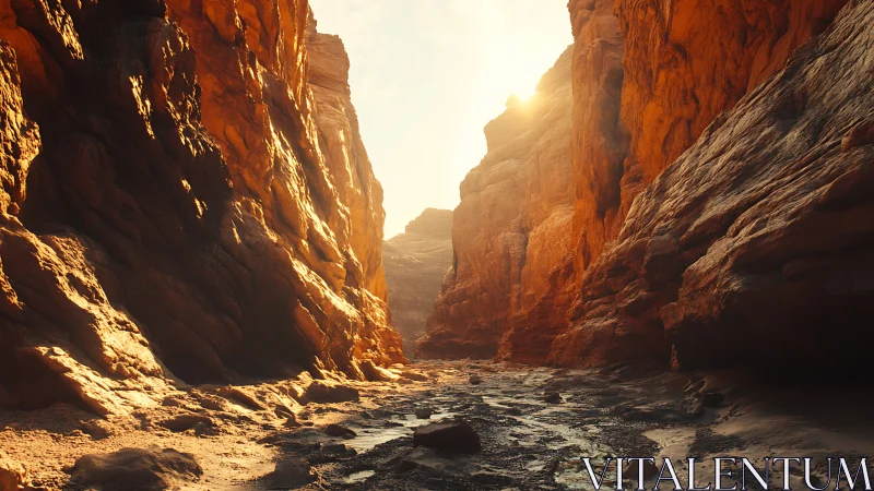 Sunlit sandstone canyon corridor with dry rocky streambed.
