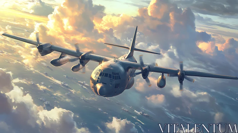 Sunlit propeller plane gliding through glowing clouds.