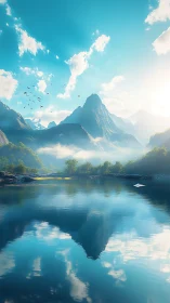 Sunlit mountain lake with ethereal reflections at dawn.