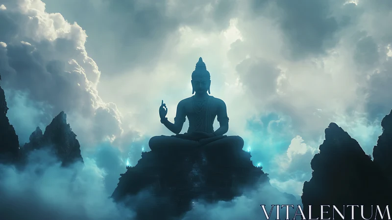 Mountain cloud Buddha in calm skylit meditation hush.