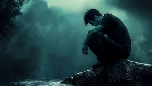 Moody male silhouette on rock above still reflective water.