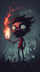 Emaciated cartoon necromancer studies volatile flame in swamp
