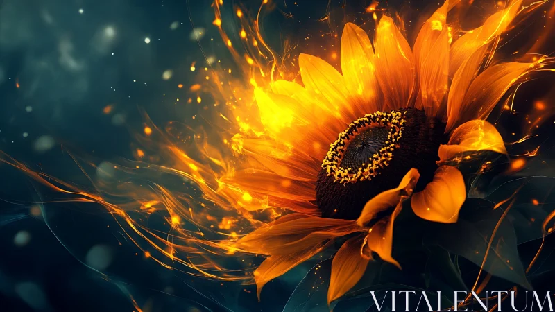 Sunflower of living fire glowing warmly in the night sky.