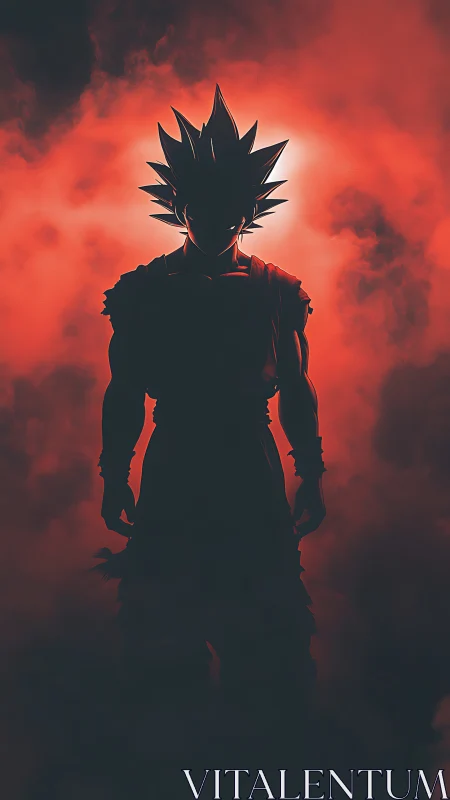 Anime silhouette against crimson vapor with halo backlight.