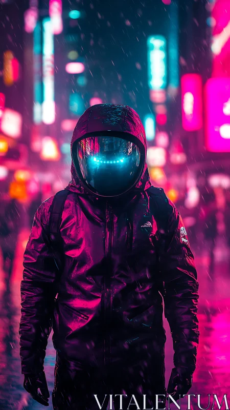 Neon‑drenched urban wanderer in reflective visor rainstorm.