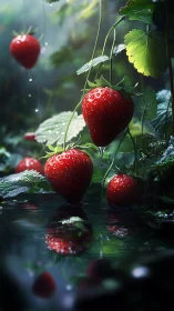Ripe strawberries glisten over reflective water after rain.