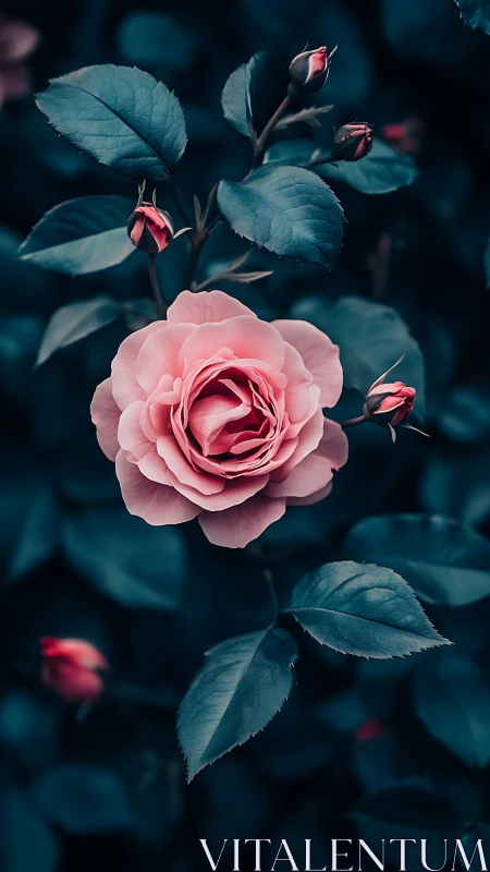 Blushing Rose Dreams in Teal Twilight Garden