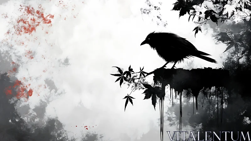 Silhouetted crow on dripping branch in high contrast ink wash