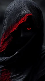 Hooded shadow figure with crimson eye and veiled face.