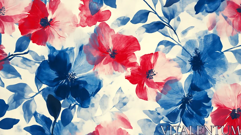 Watercolor Floral Pattern with Red and Blue Blooms