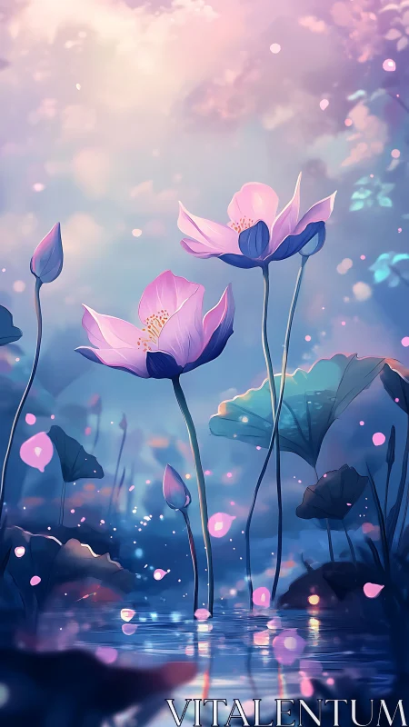 Bioluminescent lotus blossoms over reflective twilight pond