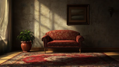 Sunlit vintage sofa anchors a quiet, nostalgic living room