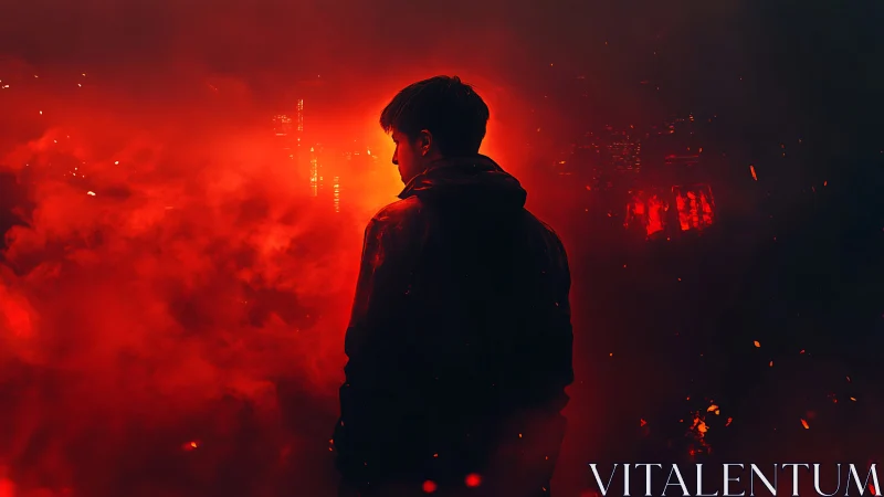 Lone ember walker in a neon-soaked city inferno haze.