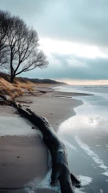 Weathered tree trunk lies along a quiet winter beach