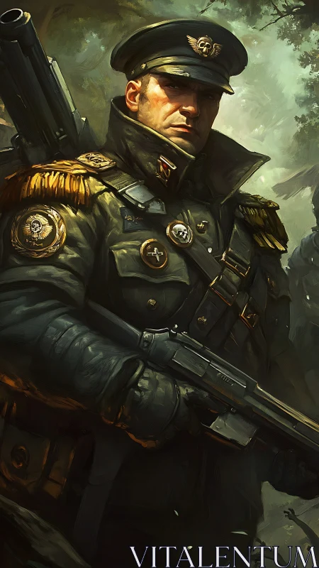 Battle-hardened officer stands armed in a misty forest.