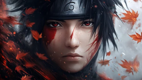 Hyperreal anime warrior portrait with dynamic autumn leaves