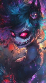 Demonic neon-eyed girl emerges in chaotic spectral blaze.