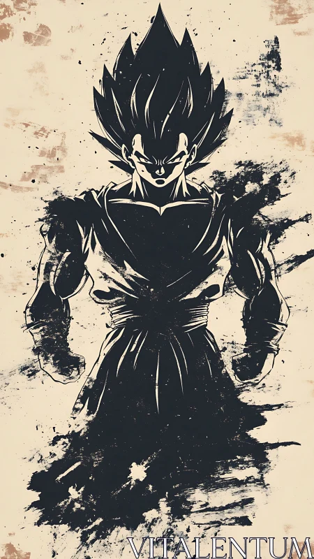Silhouetted spiky haired fighter in ink wash style illustration.