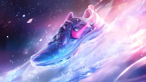 Neon gradient sneaker in abstract cosmic environment.